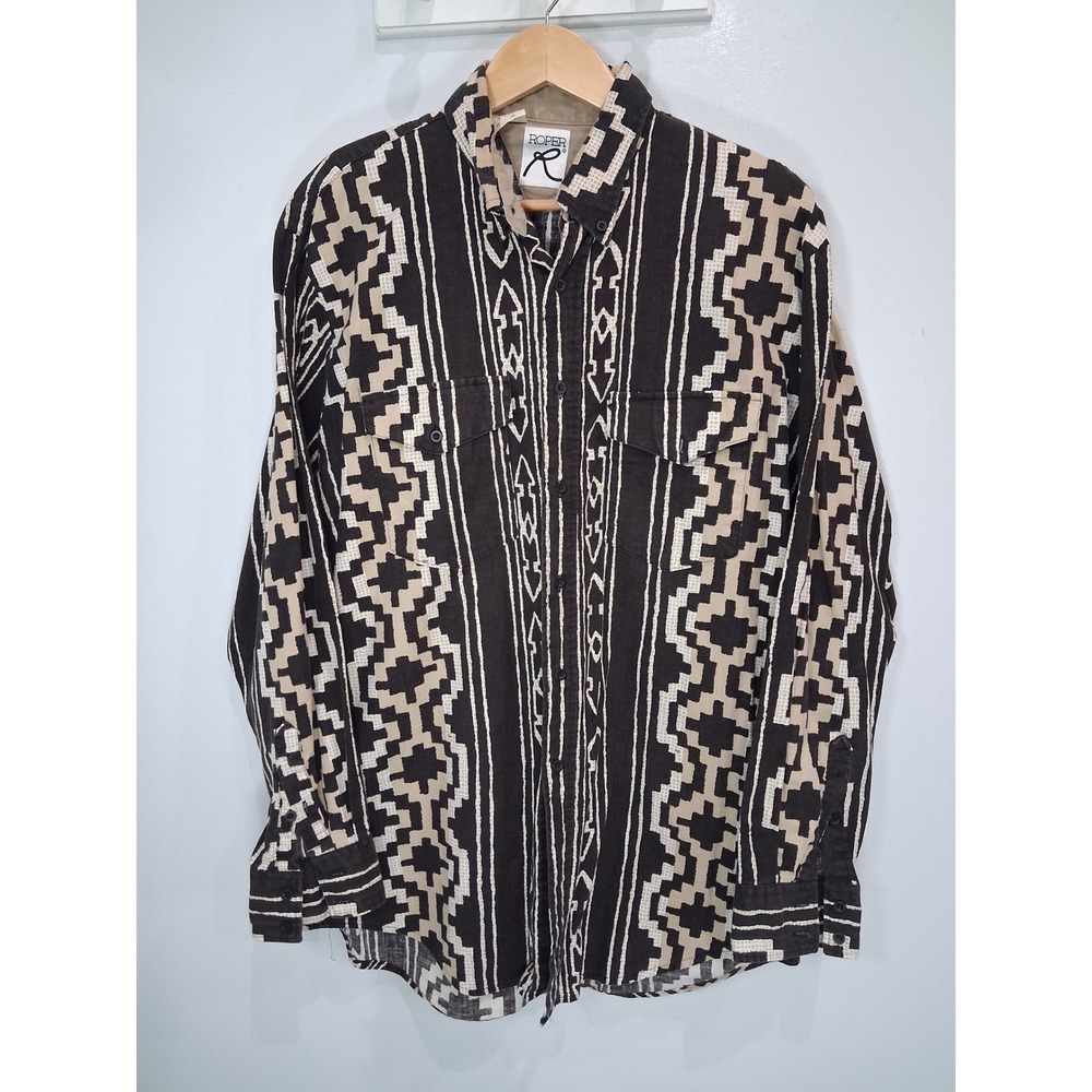 Vintage Roper Mens XL Western Button Down Shirt Tribal Geometric Black Tan USA